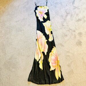 Conditions Apply Satin Black Floral Slip Dress, Size XXS